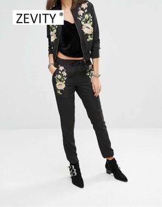 Women Vintage Elegant Floral Embroidery Poclets Slim Pencil Pants Trousers Elastic Waist Bow Tied Quality Skinny Pants 210603