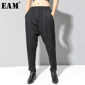 [EAM] 높은 탄성 허리 블랙 레저 긴 하렘 바지 새로운 느슨한 맞는 바지 여성 패션 조수 봄 가을 2021 19A-A126 Q0801
