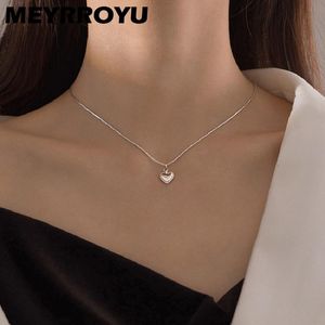 Chains MEYRROYU Sterling Silver Small Exquisite Love Heart Pendant Korea Style Simple Women Fine Jewelry On The Neck Sweet Gift