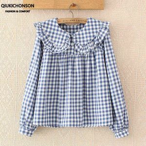 Frauen Kariertes Hemd Langarm Frühling Sommer Tops Damen Japanische Mori Mädchen Peter pan Kragen Nette Baby puppe Baumwolle Weiß blusen H1230