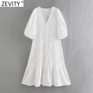 Zevity Women Elegant Hollow Out Embroidery Casual White Shirtdress Female Lantern Sleeve Hem Ruffles Vestido Chic Dresses DS8172 210603