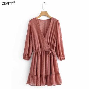 Kvinnor Elegant Cross V Neck Bow Bundet Chiffon Vestido Hem Ruffles Mini Klänning Höst Damastiska Midja Kimono Klänningar DS2893 210603