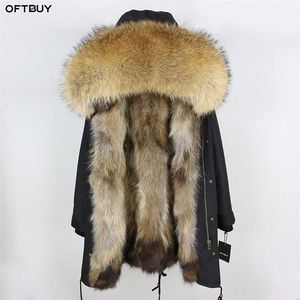 Prawdziwy Futro Kurtka Zimowa Kobiety Długa Parka Wodoodporna Duży Naturalny Raccoon Futro Kołnierz Hood Gruby Ciepły Real Fur Liner 211110