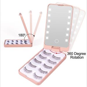 Lady Folding LED Lamps Portable Makeup Mirror With Lashe Tray 5 Pairs/Set False Eyelashes Packaging Box Touch Sensor 12 lights Cosmetic Mirrors Case For Makeups