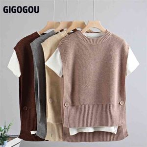 Gigogou Sweter Kamizelka Kobiety O Solid Solid High Low Hem Casual Korea Styl Nastolatki Chic Moda Przycisk Sprężyna Rękawów Knit 210819