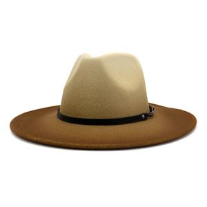 2021 Duży Brim Gradient Fedory Kapelusze dla kobiet Mężczyźni Malowana wełniana Wełna Fild Jazz Hat Panama Party Cap z skórzanym zespołem