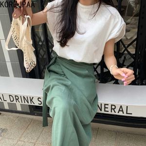 Korejpaa Women Sets Summer All-Match Round Neck Loose Solid Color Short-Sleeved T-Shirt Strap High Waist Pocket Split Skirt 210526