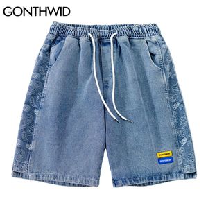 Gonthwid Denim Shorts Bandana Paisley Pattern Patchwork Korta Jeans Streetwear Summer Mens harajuku Hip Hop Fashion Shorts Pants C0325