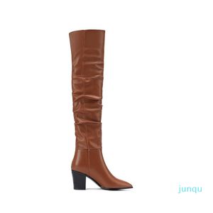 Wholesale-Boots 2021 Plus Big Size 31-45 Brown Pleated Fashion Sexy Over The Knee Thigh High Heel Autumn Winter Female Lady Women Boot X1879