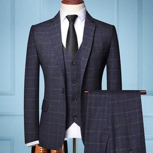 Mens 3 stycken Fashion Suit Spring Autumn Plaid Slim Fit Business Formell Casual Check Suits Office Work Party Prom Wedding Groom X0909