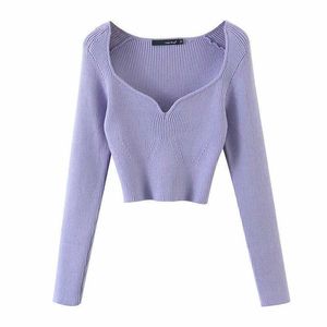DEAT Autumn Short Square Collar Thin Knitted Pullovers Sweater Loose Fit V-Neck Long Sleeve Women Fashion 13U090 210709