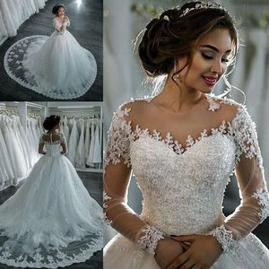 Elie Saab 2021 Bridal Gowns Scoop Lace Appliqued Beaded Long Sleeves Hollow Buttons Back Puffy Ruffle Chapel Train Wedding Dresses