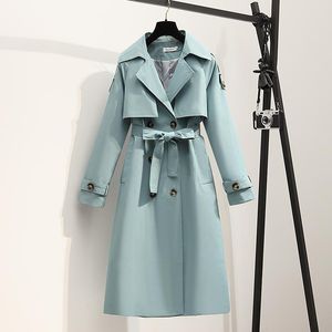 Women's Trench Coats FTLZZ Spring Autumn Office Lady Solid Lace-up Turn Down Collar Long Women Fashion Double Breasted Green Jacket Coat