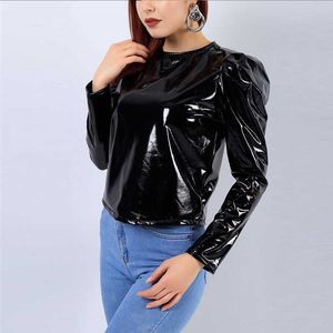 Women Latex Patent Leather O-Neck Tops Long Sleeve Shirt Pullovers PVC Jackets Plus Size Black Red PU Leather Short Coats Custom 211011