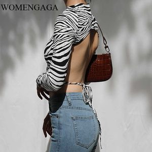 Womengaga yılan derisi desen seksi tam kollu taban backles balıkçı yaka kravat leopar üst zebra baskı kırpılmış t-shirt üstleri n5c 210603