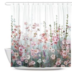 浴室のカーテンの花の生地のシャワーカーテンフックの輪のセット水の防水バスカーテンホワイトピンクグレーパープル72x72 210609