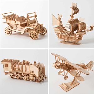 3D Wooden Puzzle DIY Handmade Mechanical Toys For Children Adult Kit Game Assembly Model Ships Train Airplane