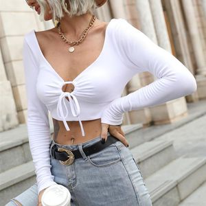 Dames T shirt Sexy Blackless Crop Tops Dames Lange Mouwen Drawsting Bandage Cut Out Wrapped Hollow Out Slim Fit Short Tee Shirt voor Fe