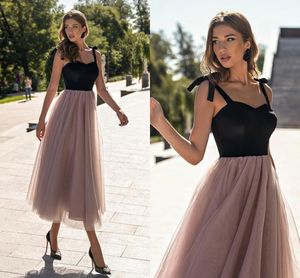 Dusty 2021 preto rosa vestidos de baile comprimento de chá com tiras de espaguete tule tulle ruched pregas personalizadas feitas de grande porte de festas de noite OCN Wear vestidos