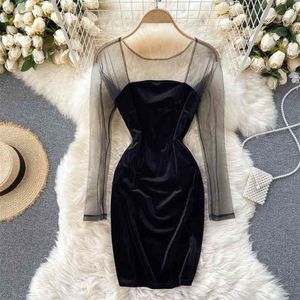 Осень сексуальная перспектива сетки лоскутное платье с длинным рукавом Mini Bodycon черные бархатные Vestidos Night Out Club Outfits 210603