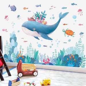 Vattentät tecknad undervattensdjur Världsväggklistermärken för barnrum Badrum Sovrum Vinylväggdekaler Avtagbara väggmålningar 210705