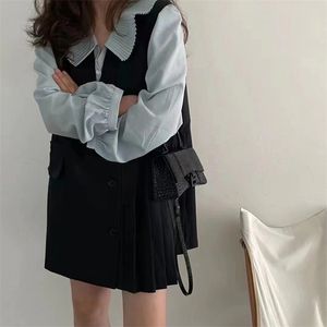 Loose Fashion Elegant Solid Office Lady Shirts Vintage High Quality Chic Mini Dress Two Piece Sets Suits 210525