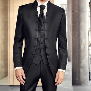 3 Pieces Black Formal Tunic Suits for Men with Stand Collar Double Breasted Wedding Groom Tuxedo Italian Style Floral Fashion X0909