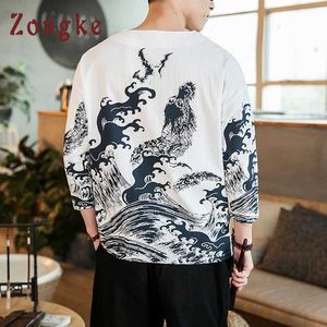 Zongke Chiński styl Lniana T Shirt Mężczyźni Tshirt Mężczyźni T-shirt Harajuku Śmieszne koszulki Mężczyźni Pół Rękaw Ubrania Lato Top 5XL 210623