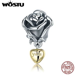 WOSTU vero argento sterling 925 fiore rosa con te nel cuore ciondola fascino perline braccialetto gioielli regalo di San Valentino CQC455 Q0531