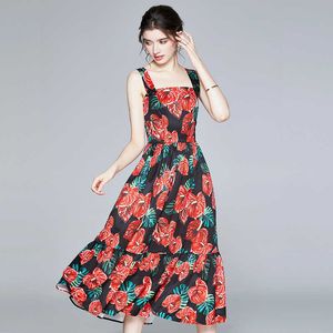 夏の花柄プリントのファッションノースリーブのMidi Dressセクシーな背中のサンドレスパーティーホリデードレス210529