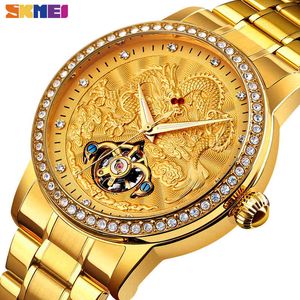 Skmei Orologi da uomo meccanici automatici di lusso Dragon Diamond Hollow Orologio da uomo con quadrante grande Vetro ad alta durezza Impermeabile Reloj 9219 Q0524