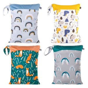 Elinfant 2pcs Cloth Reusable Washable Cloth Diaper Print Wet Bag with Double Pockets and Zippers Mall Fresh Waterproof Bag 210312