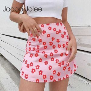 Jocoo jolee kvinnor elegant blommor tryck kjol miniklänning hög midja blixtlås korta kjolar chic satin a-line kjol strand party kjol 210619