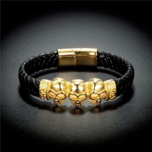Bracelets de charme estilo punk preto largura de couro ouro aço inoxidável de aço inoxidável Três acessórios de cabeça de esqueleto Men Bulles