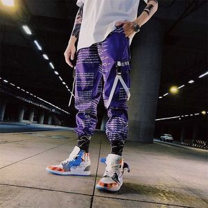 Kolor Block Pocket Patchwork Cargo Joggers Mężczyźni Graffiti Hip Hop Letter Print Harem Spodnie Męskie Casual Taniec Spodnie Dresie 211013