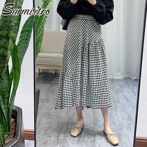 SURMIITRO Spring Summer Cotton Long Skirts Women Korean Style Vintage Black Plaid Aesthetic High Waist Midi Skirt Female 210712