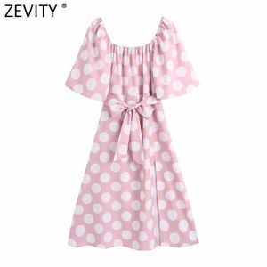 Zevity Women Elegant Lantern Sleeve Polka Dots Print Bow Sashes Pink Midi Dress Femme Chic Sweet Split Party Vestido DS5048 210603