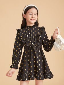 Girls Golden Dot Print Flaint Рукава Rack Trable Rebled Платье Она