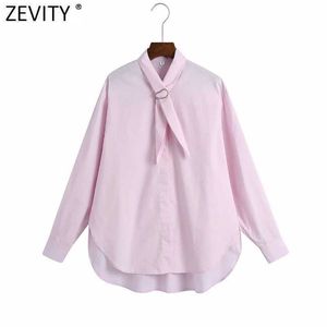 Zevidade Mulheres Simplesmente Elegante Colares Design Pink Poplin Blusa Escritório Senhoras Manga Longa Loose Camisas Chic Chemise Tops LS9379 210603