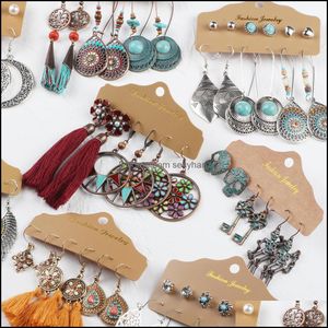 Lockets Halsband Hängsmycken Smycken Vintage Etnisk Stor Cirkel Fanshape Örhängen Set för Kvinnor Bohemian Mtilayer Tassel Feather Geometric Dr