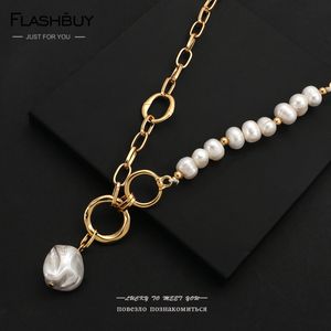 Flashbuy Collane con ciondolo di perle d'acqua dolce naturali irregolari per donna Collana con cerchi a catena grossa di perle barocche eleganti