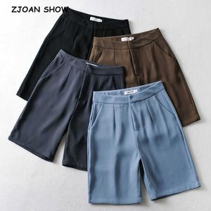 2021 Vintage Plain Color High Taille Wide Bein Hosen Frauen Knie Länge Lose koreanische Hosen Büro Damen Bottom Blau schwarz Q0801