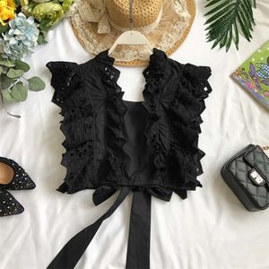 2021 Mulheres Design Curto Hollow Out Ruffled Camisa Verão Novo Sem Mangas Laço Laço Crofe Tops Blusa Elegante Sexy Black Branco 210308