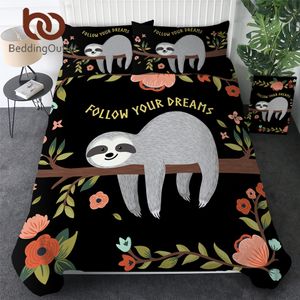 BeddingOutlet Folivora Bedding Set Queen Floral Cartoon Kids Duvet Cover Tree Leaf Bed Linen Sloth Animal Bedspreads Dropship 210309