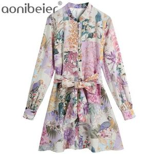 Abito da donna multicolor chic con stampa floreale mini abito vintage a maniche lunghe con bottoni abiti femminili abiti Mujer 210604