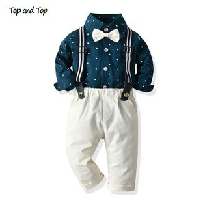 Top e top boy roupas boy sets de manga longa estrelas impressão bowtie camiseta + calça suspensora roupas casuais smoking tuxedo gentleman terno 210309