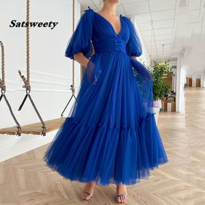 New Arrival A-Line Royal BLue Dot Net Tea Length Prom Dress Elegant Puffy Sleeves Evening Dress Plus Size V-Neck Party Dress