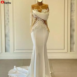 Illusion Langarm Meerjungfrau Prom Pageant Kleider 2022 Sheer Neck Perlen Spitze Fleck Fischschwanz Afrikanische Abendkleider Vestido 533ww