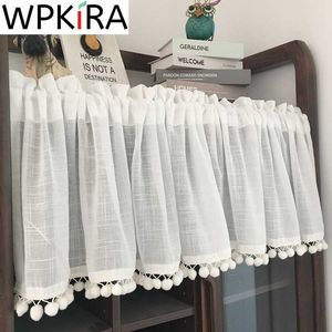 1 PCS Rod Pocket Beads Half Curtain for Kitchen Short Linen Voile Small Window Cafe Drapes Home Decora American Country AD206H 210712