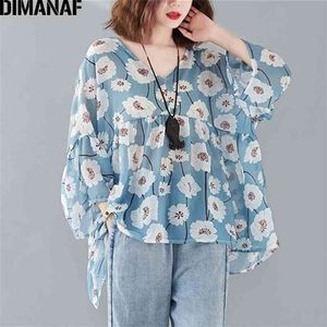 Dimanaf Plus Size Kobiety Bluzki Koszule Szyfon Letni Plaża Casual Lady Tops Tunika Drukuj Kwiatowa Luźna Odzież Z Długim Rękawem 5XL 210719